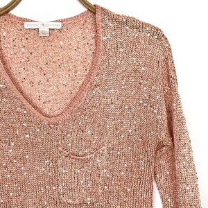 BOSTON PROPER 3/4 Sleeve V Neck Open Knit Top Sequins Peach Stretch Size Small